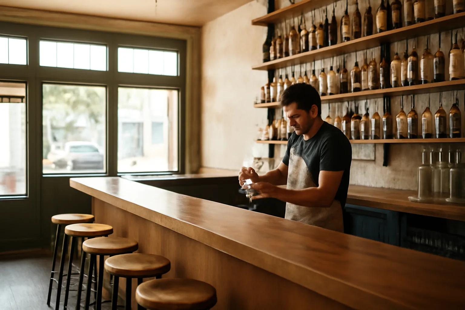 Bartender wiping down a wood bar counter in a sunlit California restaurant