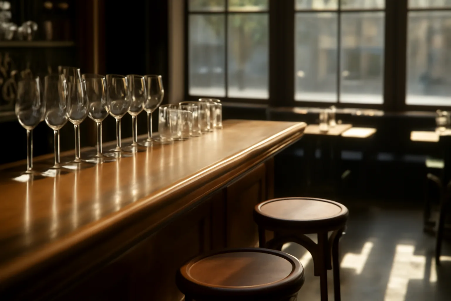 Empty restaurant bar interior in morning light, relevant to california liquor licensing