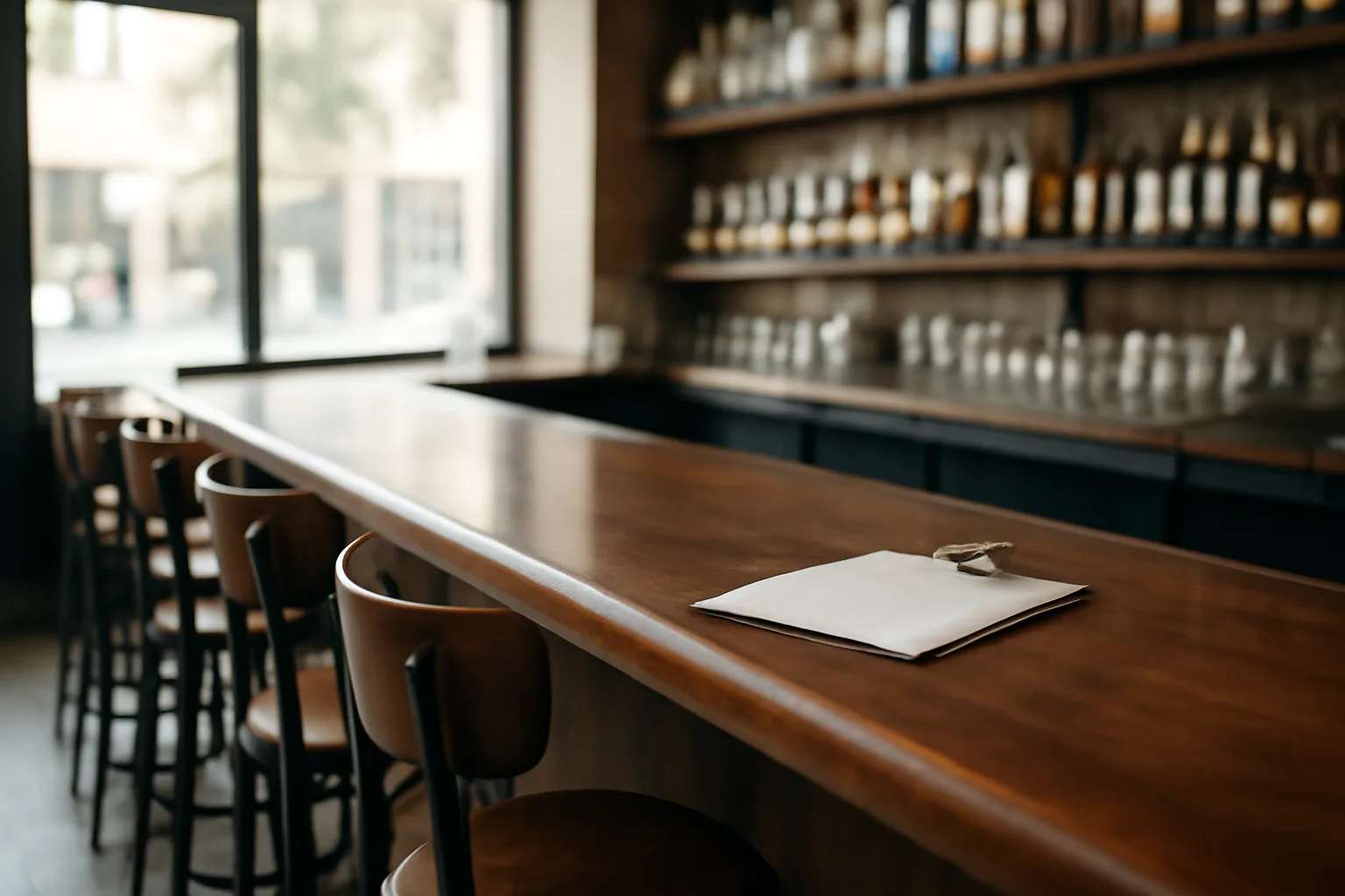 Empty restaurant bar counter in daylight during a liquor license waiting period