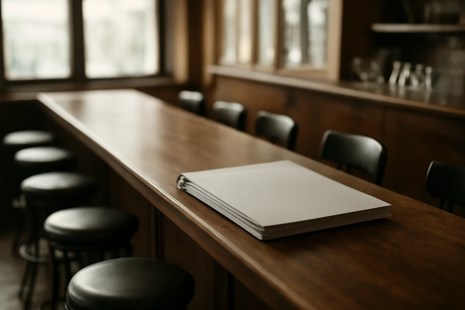 Empty restaurant bar counter with closed paperwork binder before opening hours