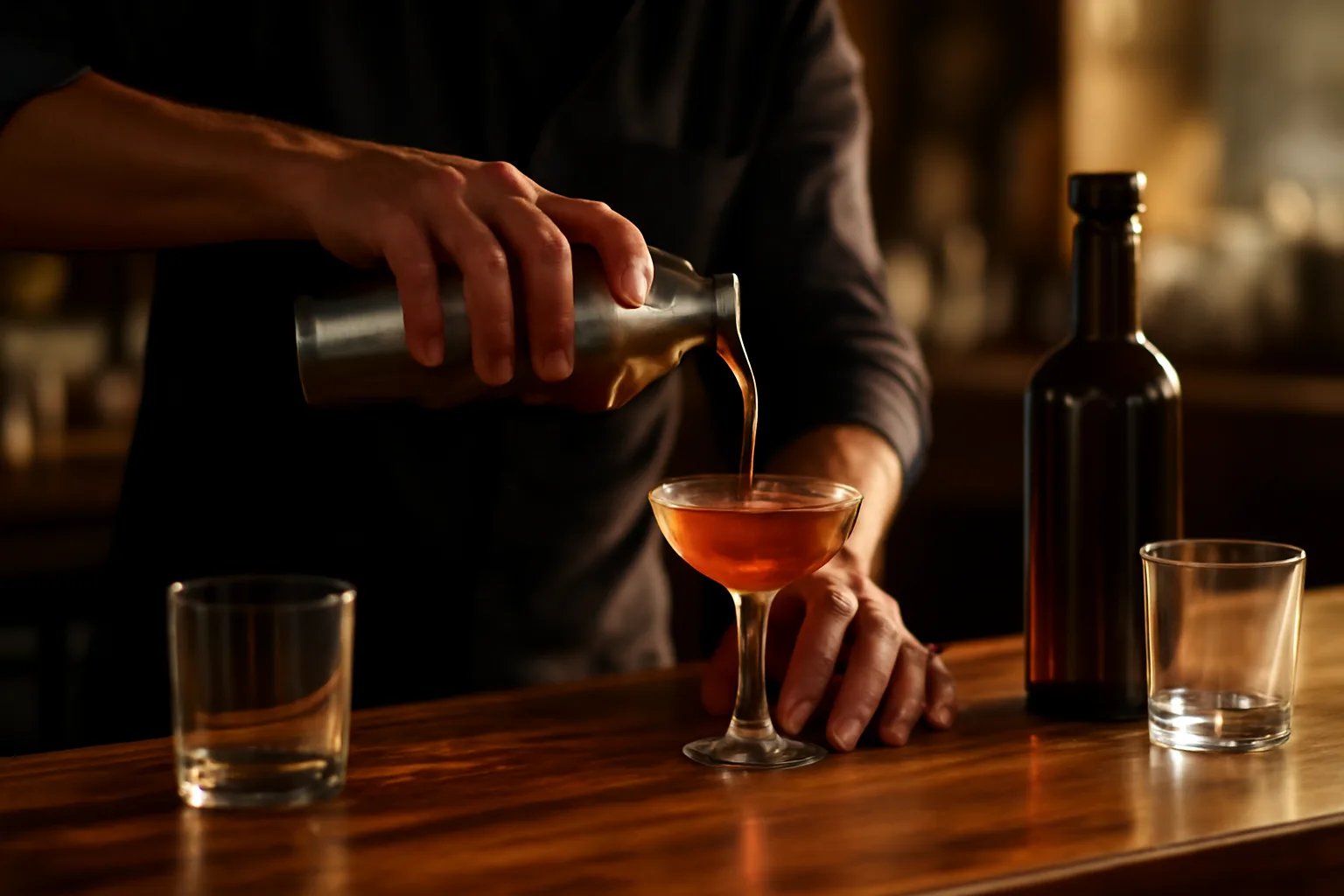 Bartender pouring a drink at a wooden bar during golden hour light
