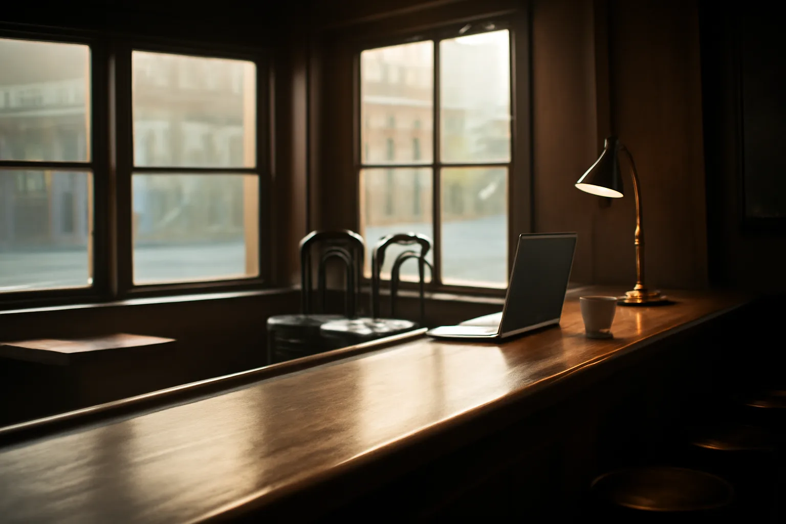 Empty Chicago bar interior at dawn during liquor license application process