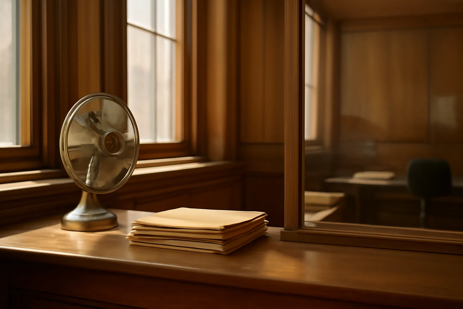 Municipal license office counter with folders, evoking a Chicago liquor license lookup