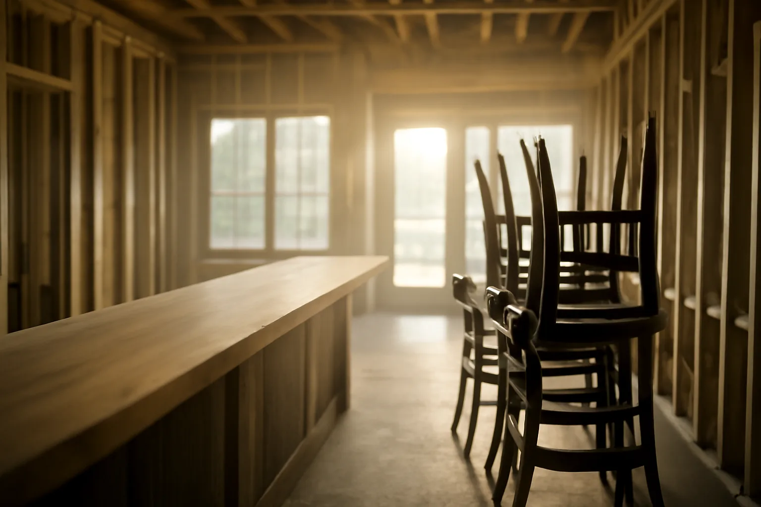 Empty restaurant buildout space with bar top, representing city of Diamond Bar business license planning