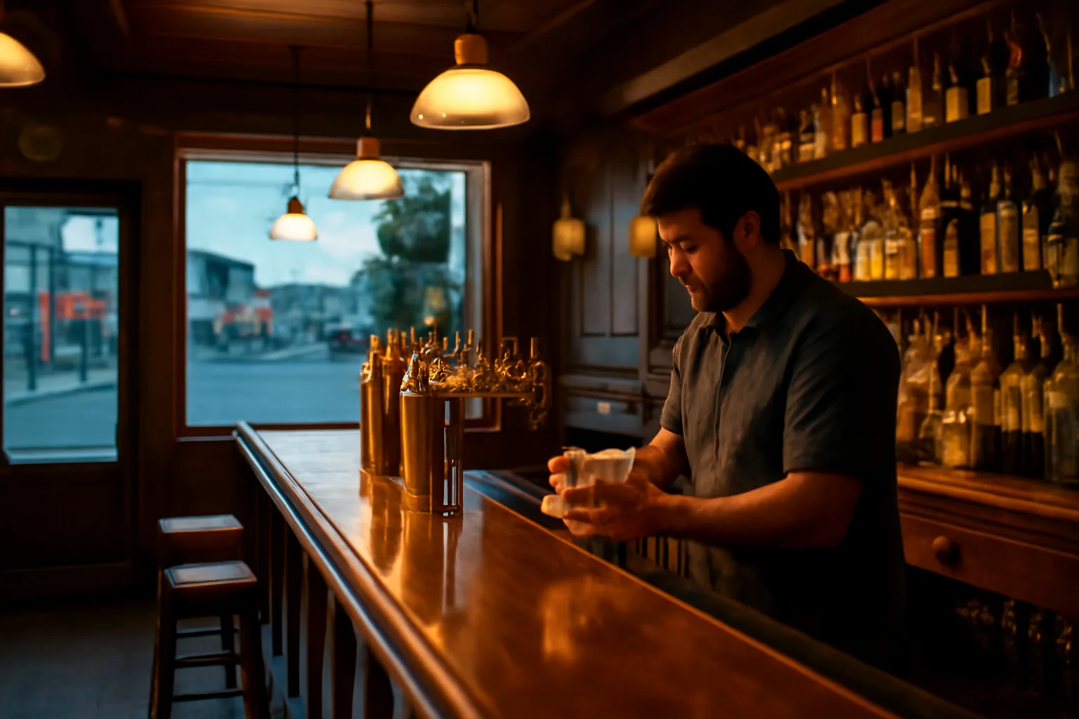 Bartender in a Wisconsin tavern preparing to open under warm interior lighting