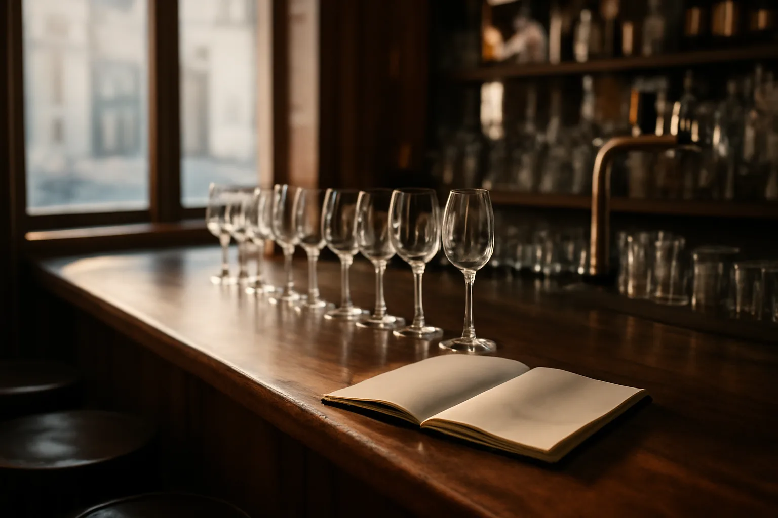 Empty restaurant bar counter with paperwork, representing the liquor license application process