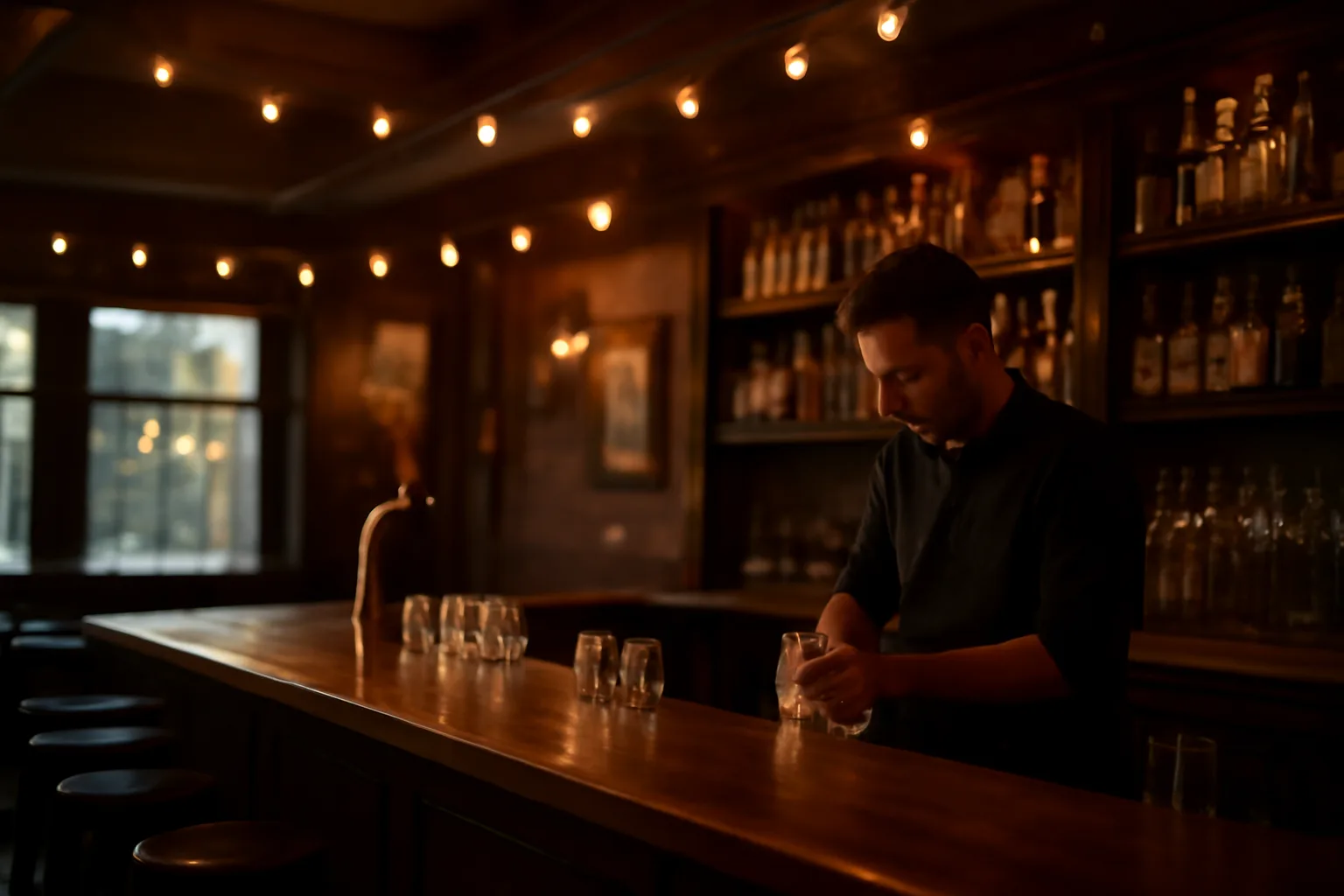 Bartender preparing an empty neighborhood bar before opening, warm evening light