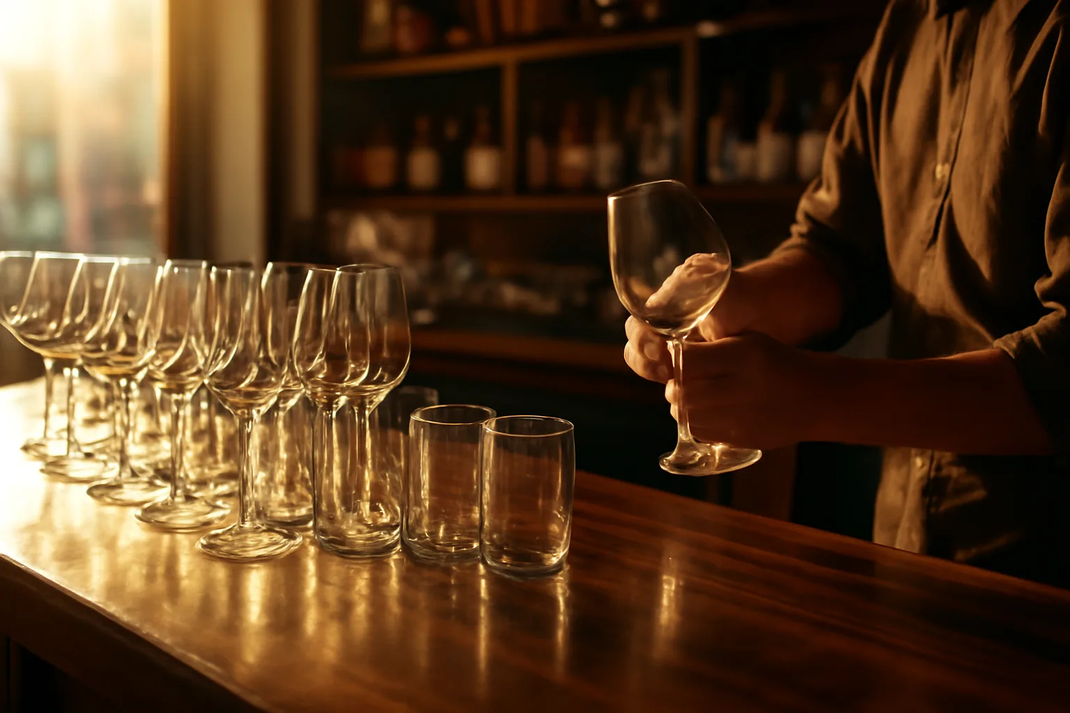 Bartender polishing glassware at a warm-lit restaurant bar counter