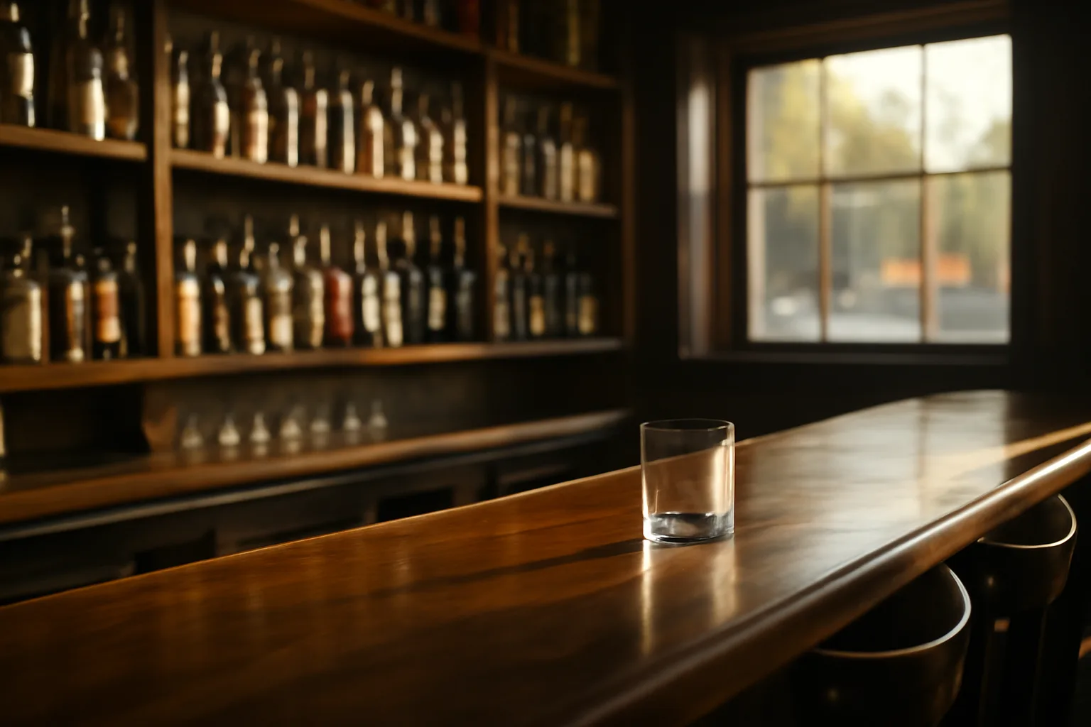 Empty restaurant bar counter in Colorado during afternoon light before opening