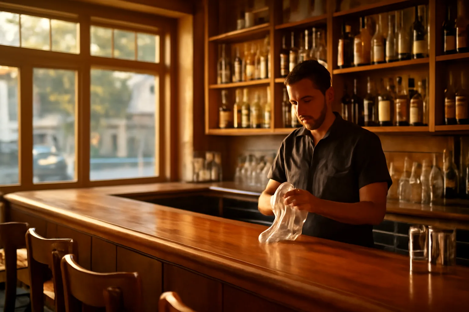Bartender preparing an empty bar interior before opening in Contra Costa County