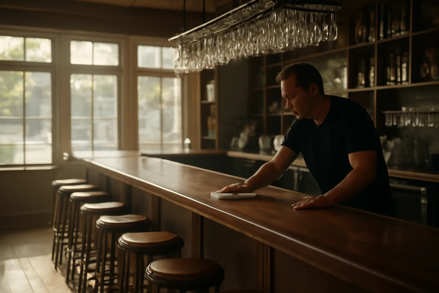 Empty Florida restaurant bar at opening time, illustrating liquor license cost planning