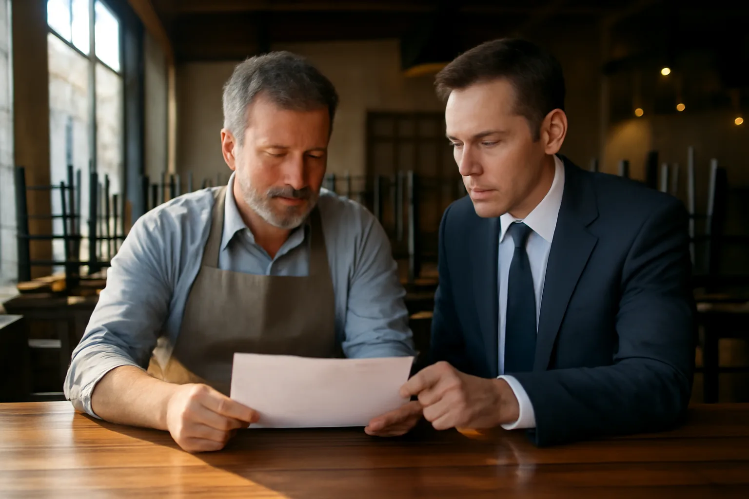 Restaurant owner reviewing documents with an advisor at an empty bar before opening