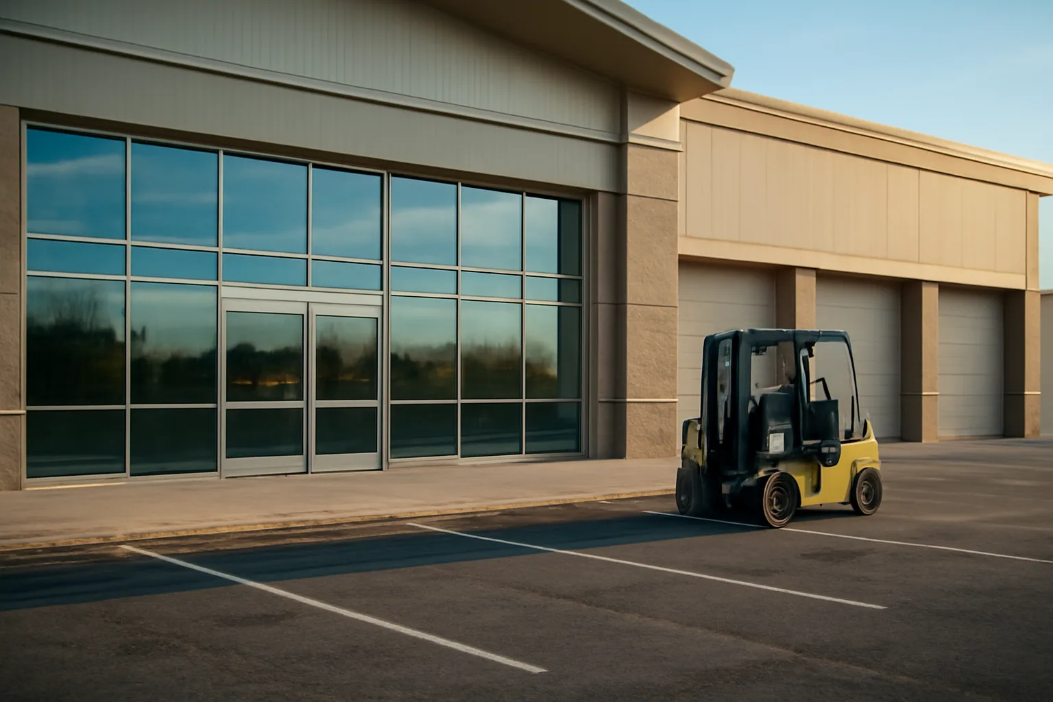 Warehouse club storefront at dawn with empty lot, evoking retail liquor licensing questions