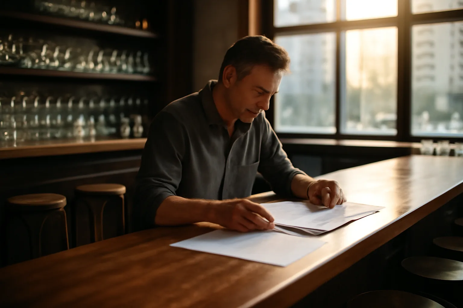 Restaurant owner reviewing documents at a bar counter during a DC bar license lookup