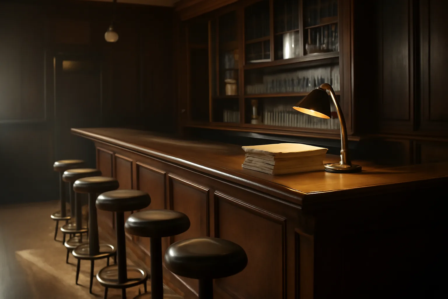 Empty DC bar interior with paperwork on the counter before a license renewal deadline