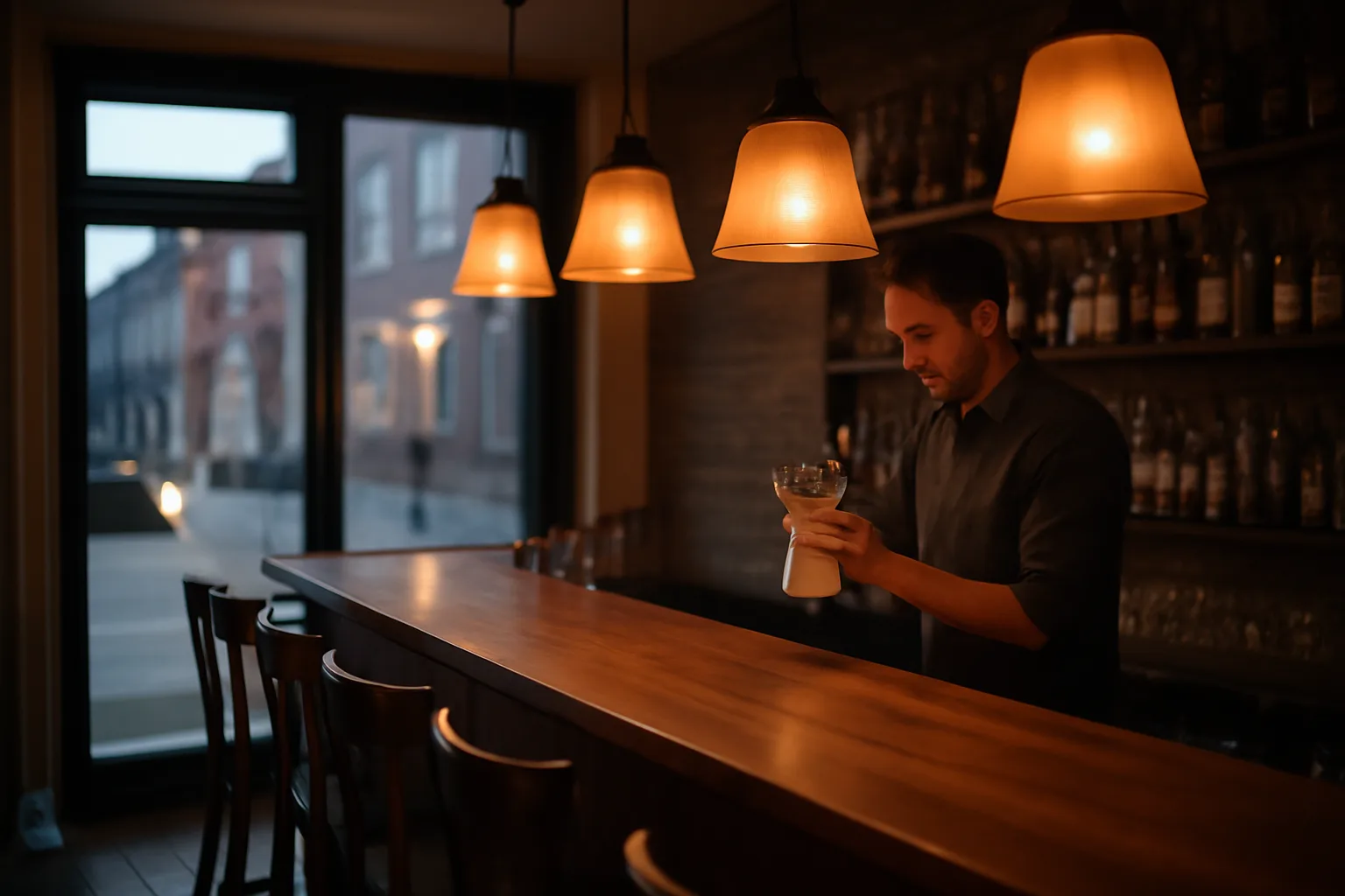 Bartender preparing a DC bar for opening night under warm pendant lighting