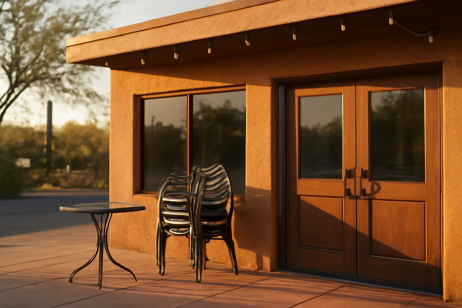 Empty restaurant patio in warm afternoon light before opening day in Arizona