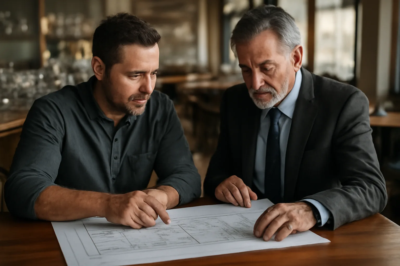 Restaurant owner discussing liquor license paperwork with an official at a bar