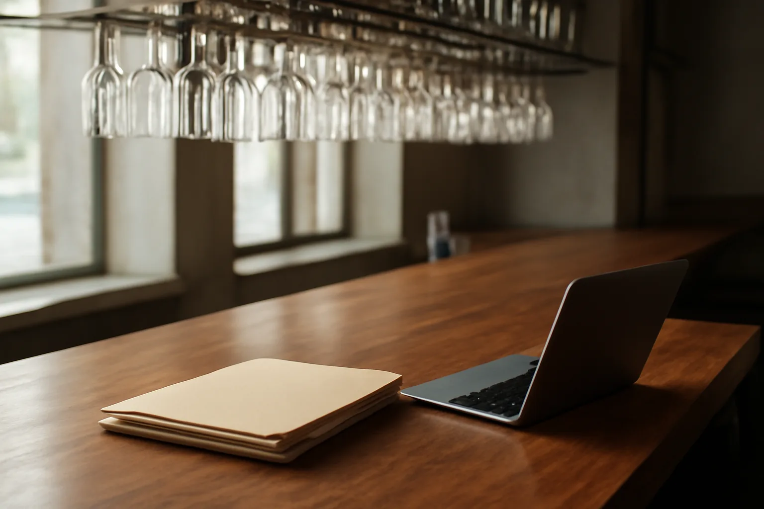 Empty bar counter with paperwork and laptop, representing liquor license application preparation