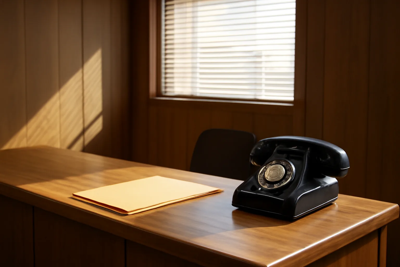 Empty state alcohol licensing office counter with folder and phone, mid-morning light