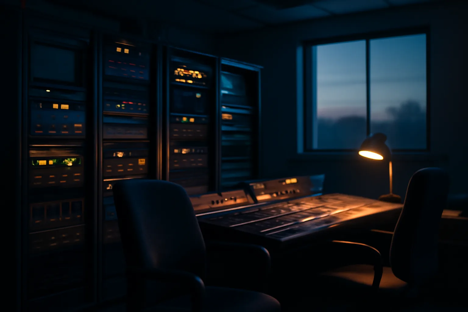 Empty television station control room at dusk representing the ABC broadcast license question