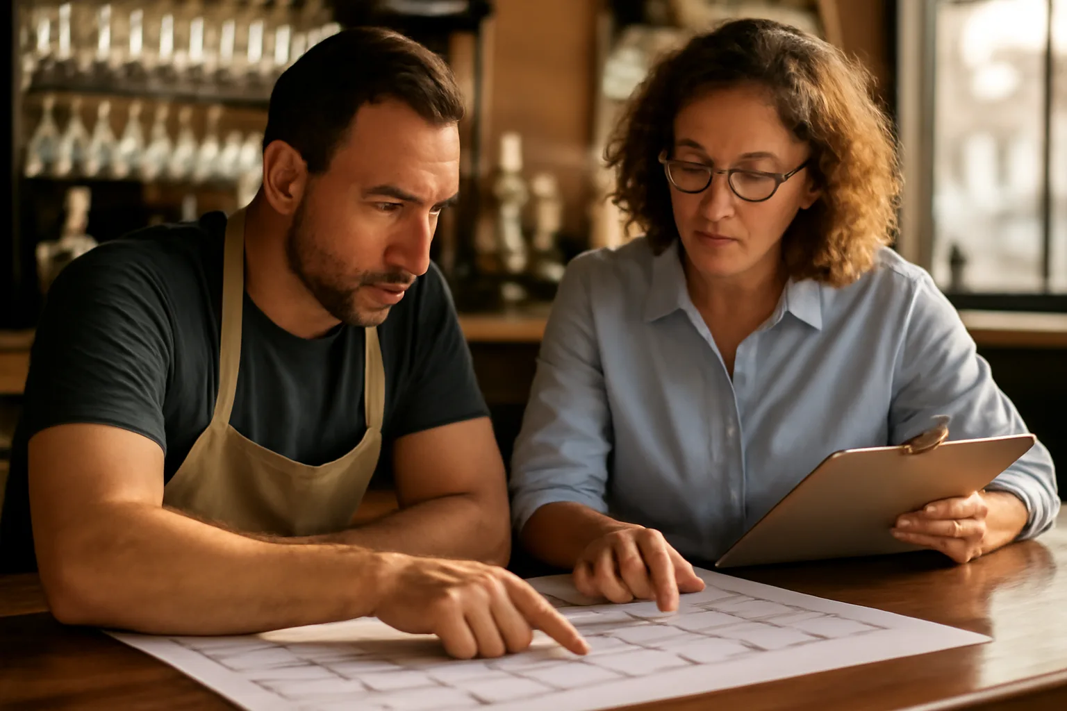 Restaurant owner and inspector reviewing floor plan at a bar counter