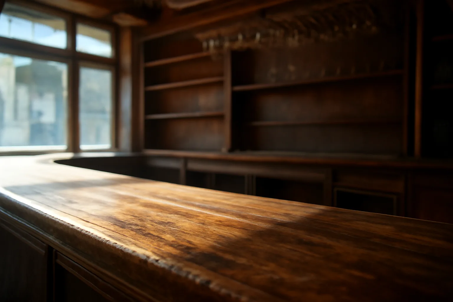 Empty bar counter lit by daylight before a restaurant's liquor license approval and opening