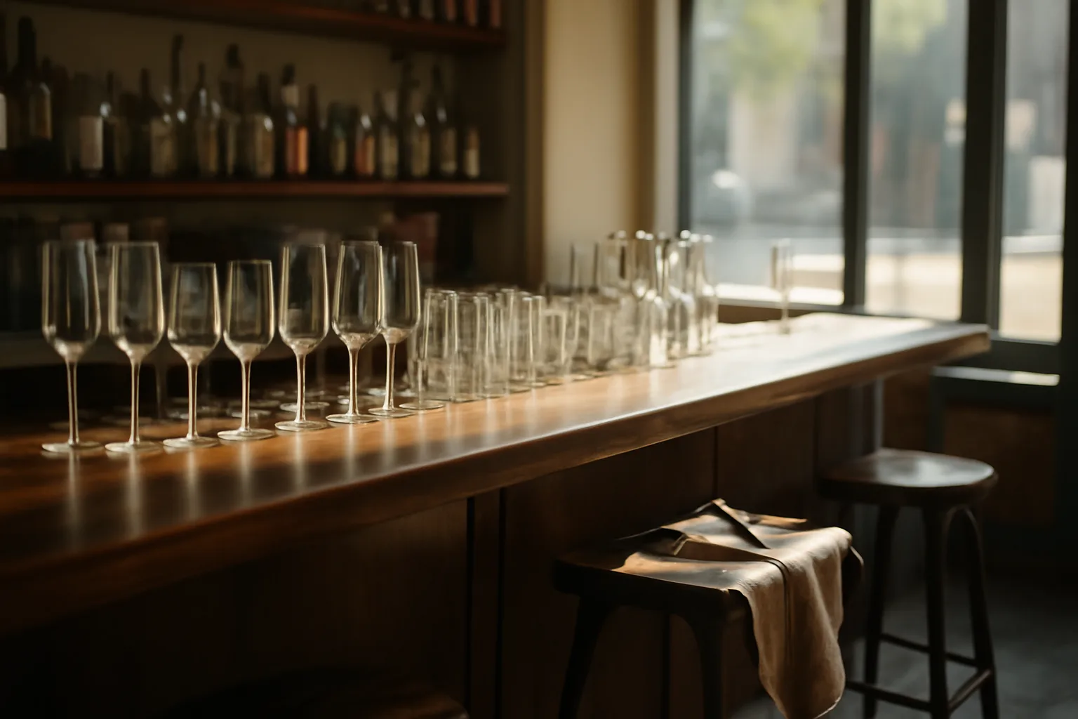 empty bar counter with glassware, illustrating whether a license to serve alcohol is required