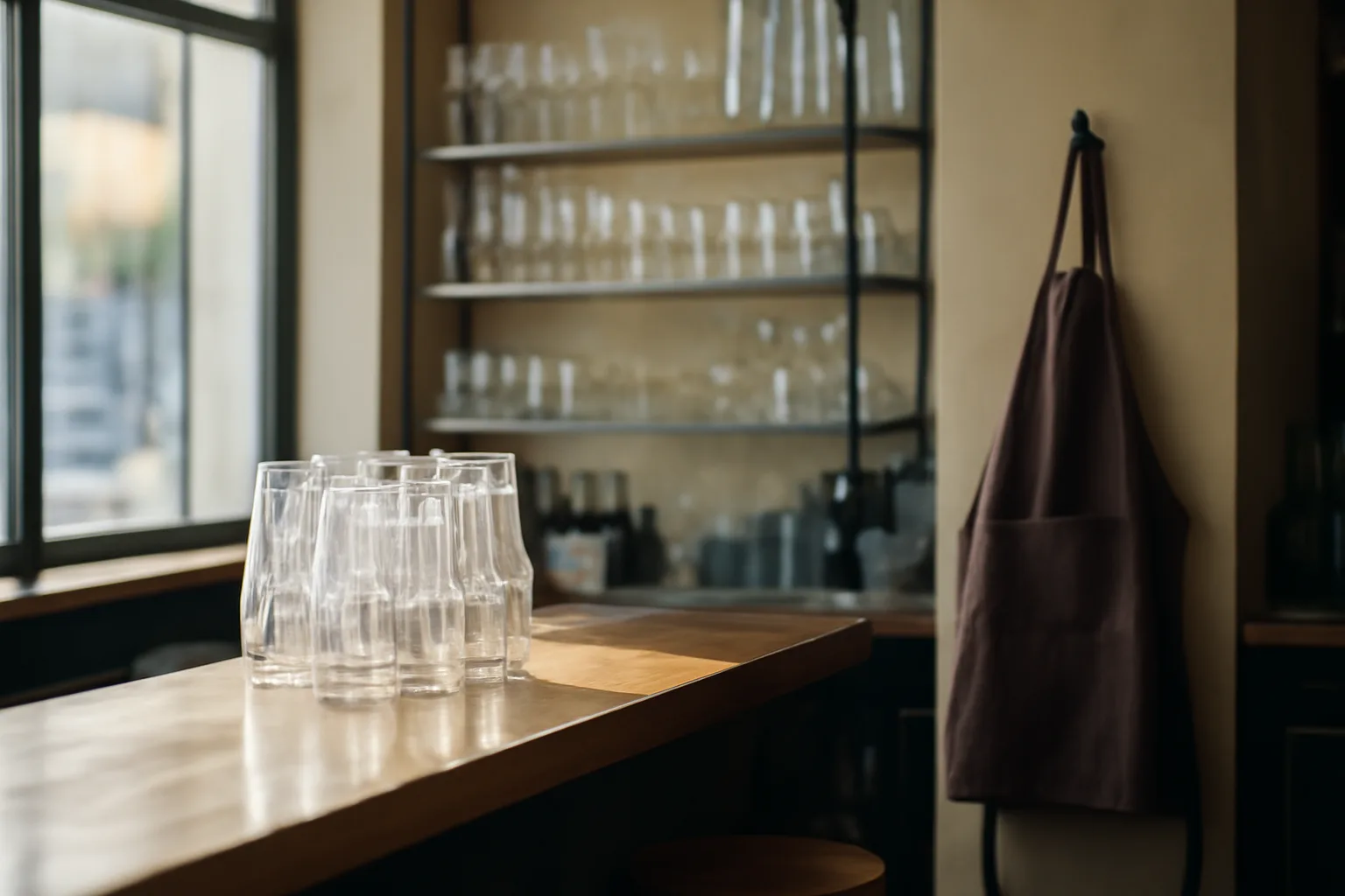 Sunlit empty restaurant bar counter before opening, illustrating do you need a liquor license to sell beer
