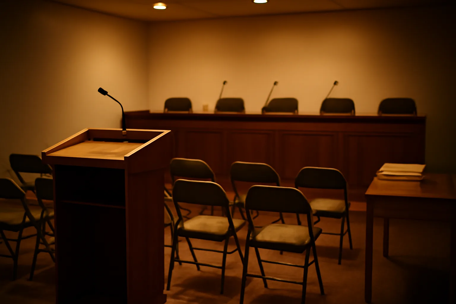Empty city council meeting room set up for a liquor license hearing