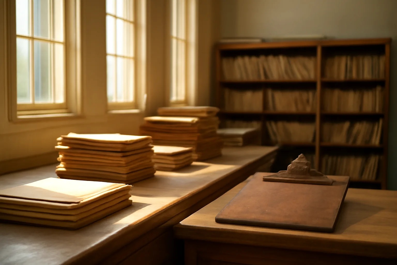 Sunlit government records office counter representing license and licensing paperwork research