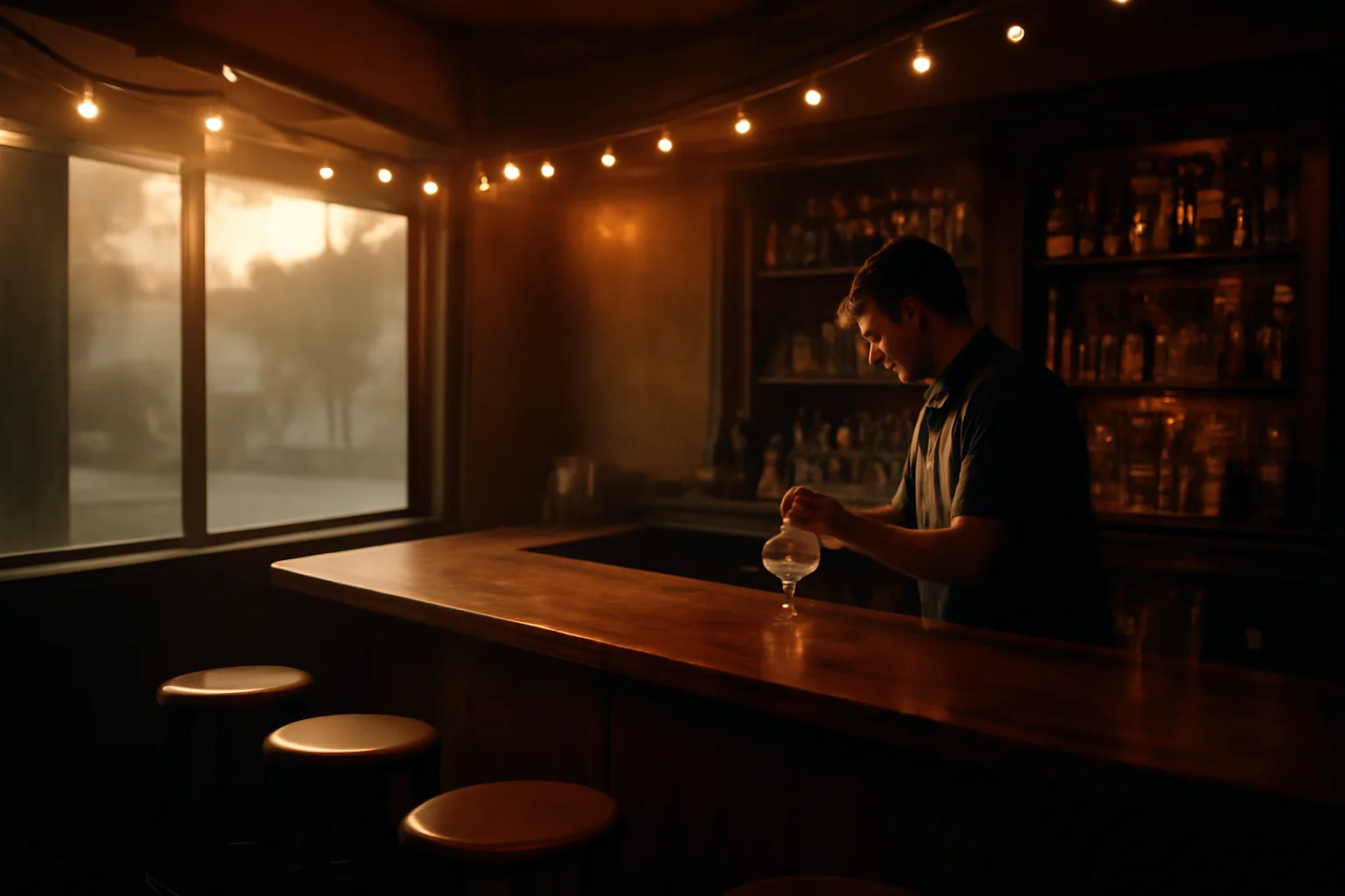 Bartender polishing a glass behind a wooden counter in a dim Florida bar
