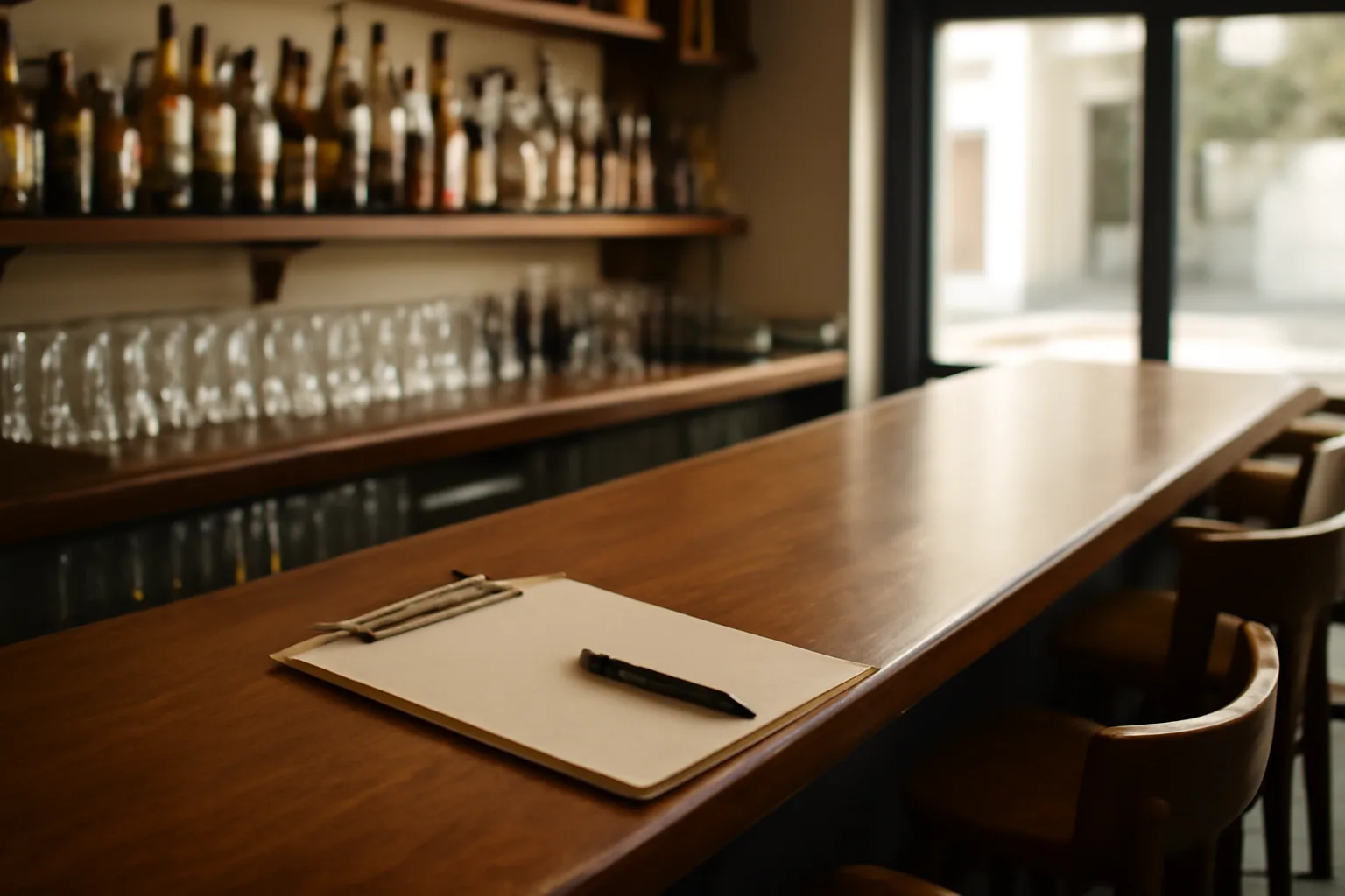 Empty restaurant bar counter with bottles and a clipboard, related to Florida liquor license search