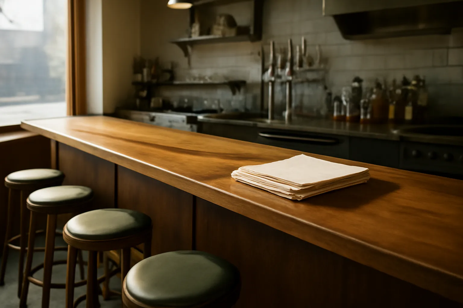 Empty restaurant bar with paperwork folders on the counter in afternoon light
