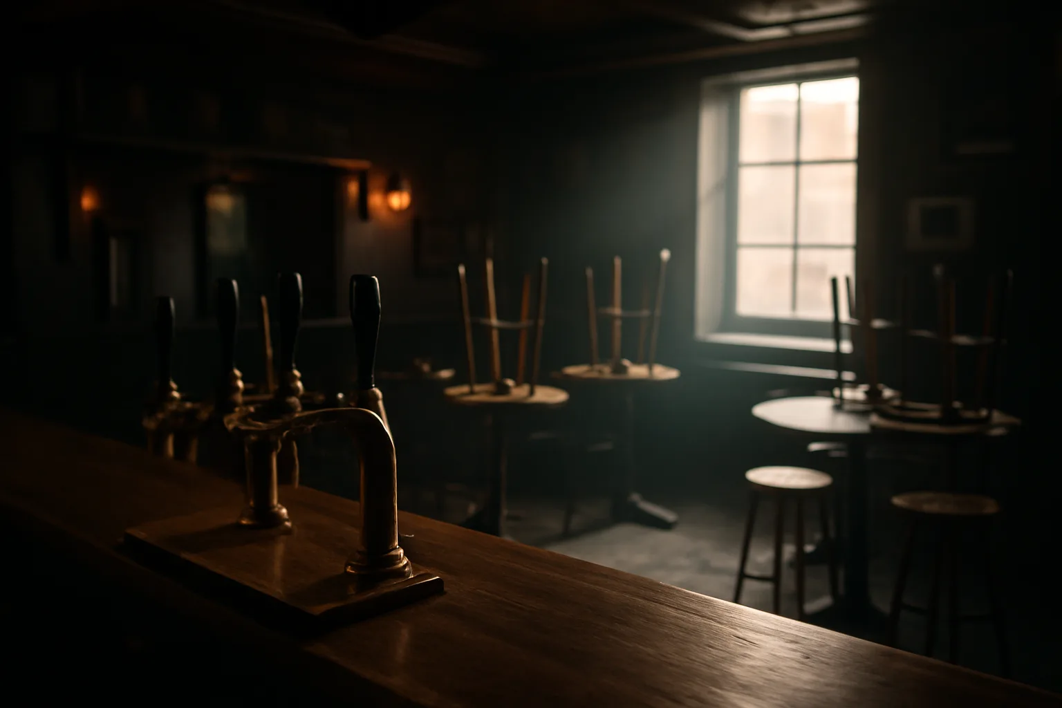 Empty Irish pub interior with upturned stools, evoking a liquor license suspension closure