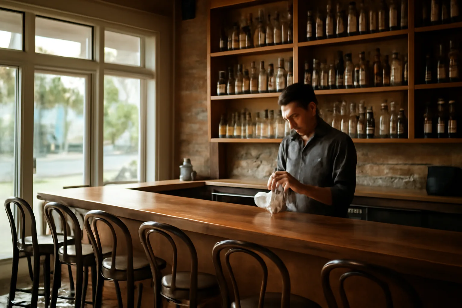 Empty Florida restaurant bar in morning light before a liquor license inspection