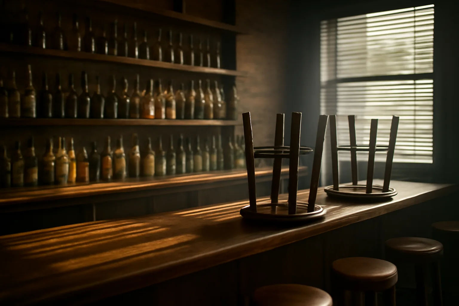 Empty Florida bar interior before opening hours with sunlight on bottle shelves