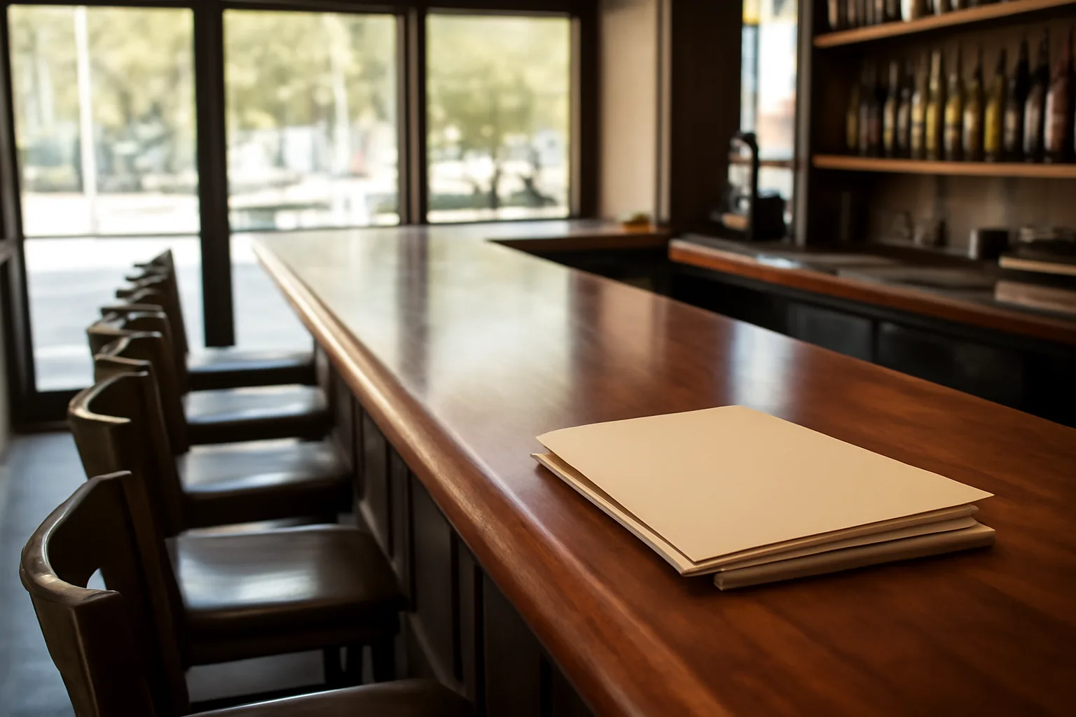 Empty Florida restaurant bar counter with a document folder, representing liquor license paperwork