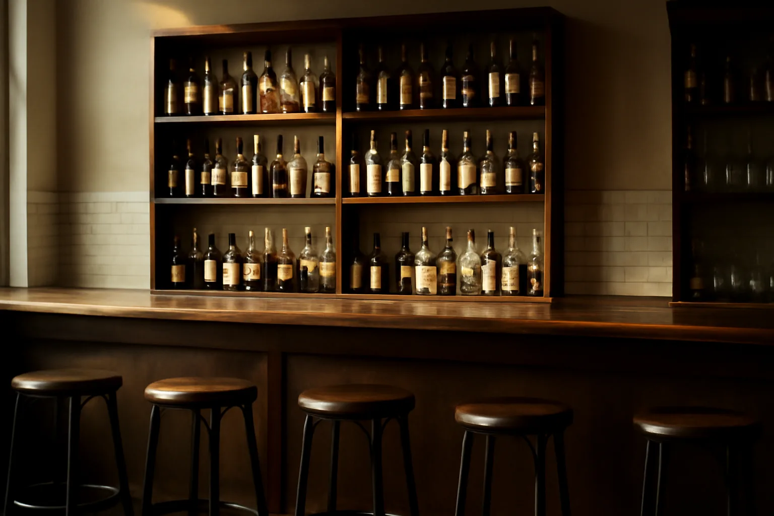 Empty restaurant bar counter in soft morning light before a Florida liquor license opening