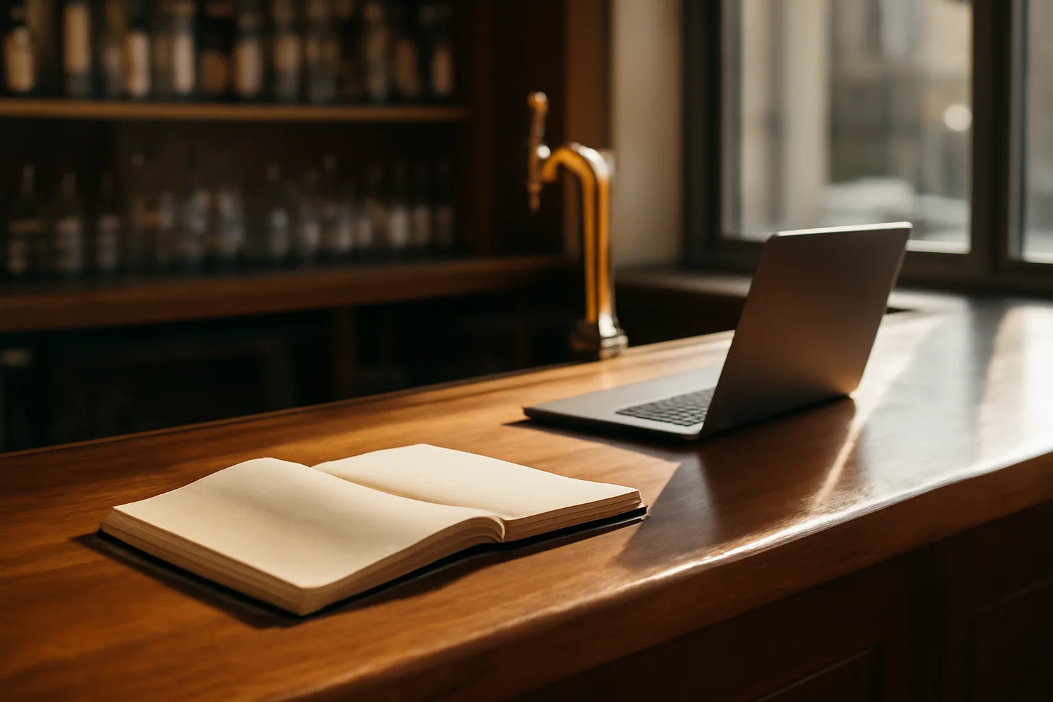 Sunlit bar counter with paperwork and laptop, representing Florida liquor license research