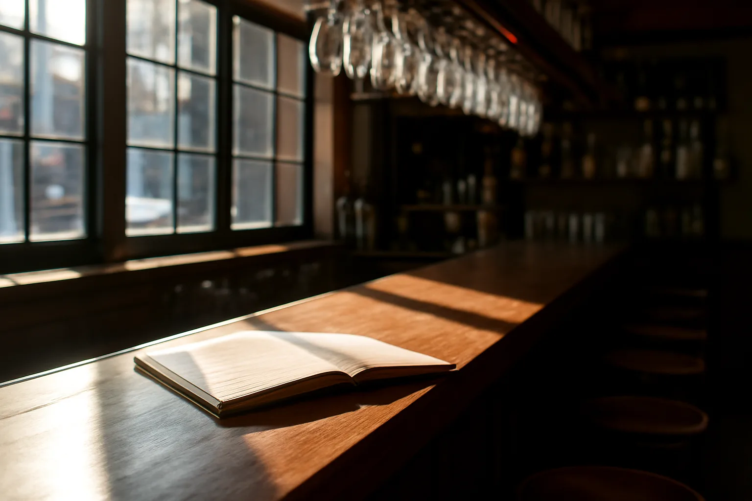 Empty restaurant bar counter with paperwork, representing florida bar results for a liquor license