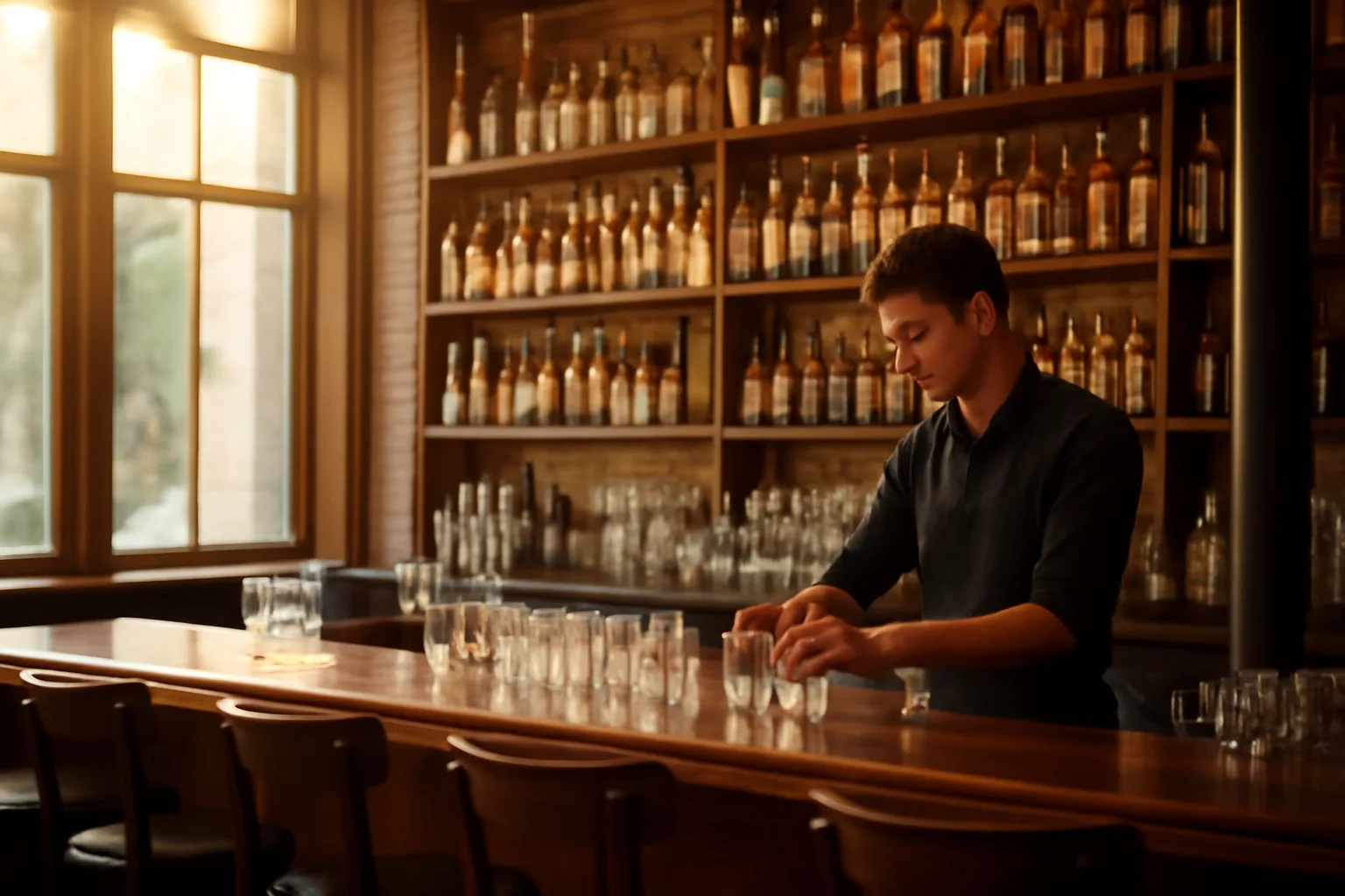 Bartender arranging glassware at a sunlit restaurant bar before opening