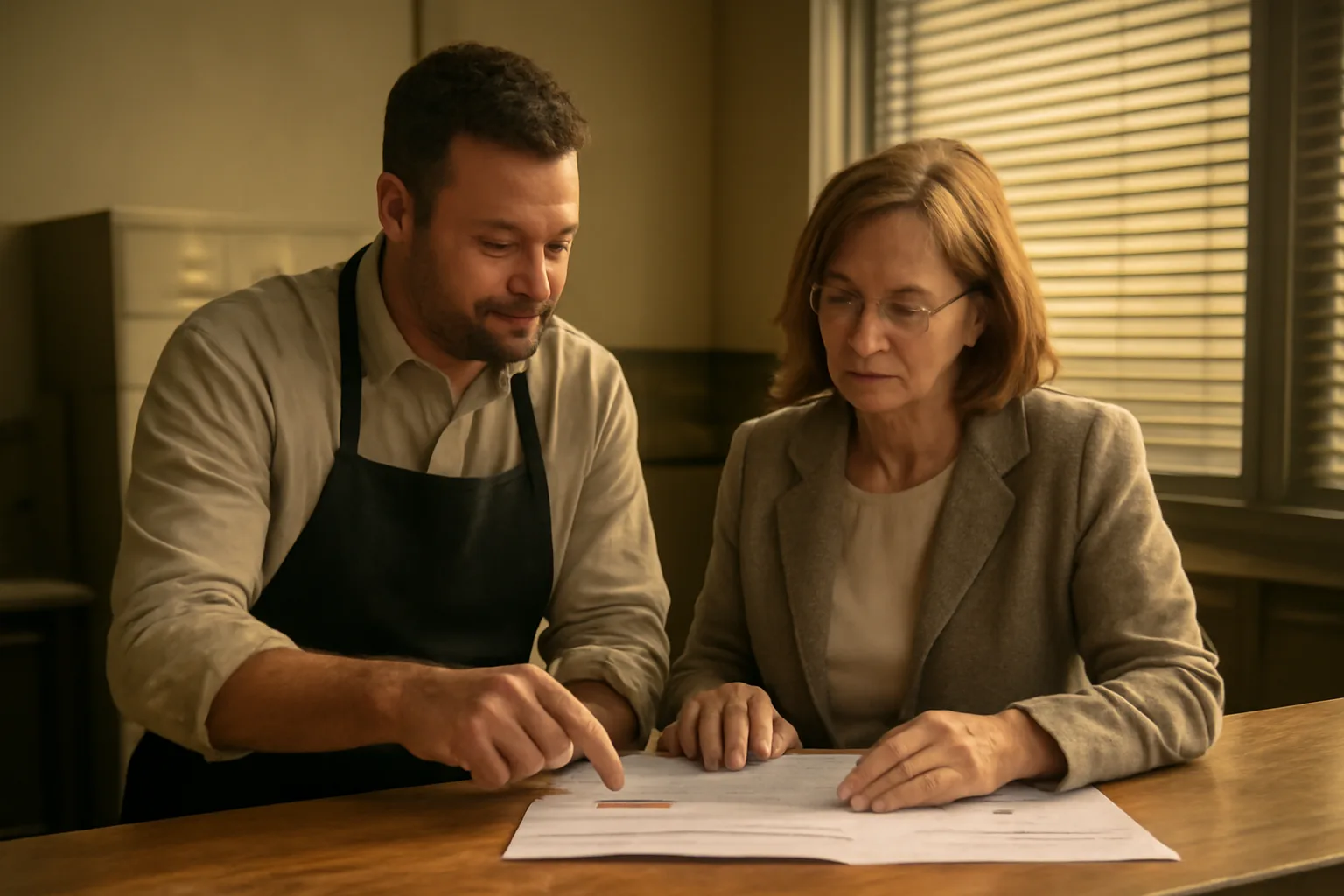 Restaurant owner reviewing Florida liquor license records at a county office counter