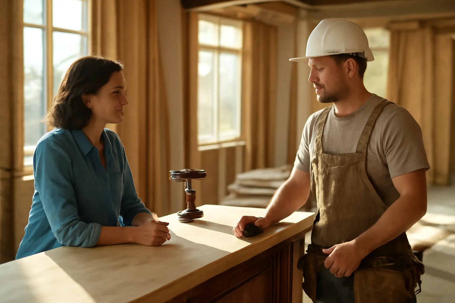 Restaurant owner and contractor discussing an unfinished bar counter during buildout