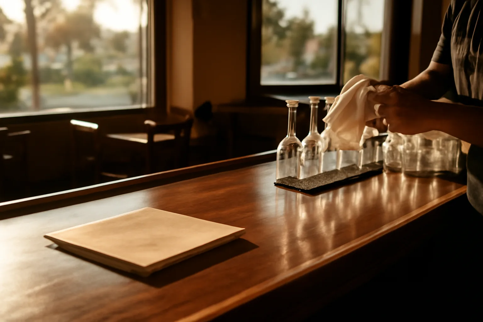 Empty restaurant bar counter in Florida with afternoon light and a folded lease on the counter