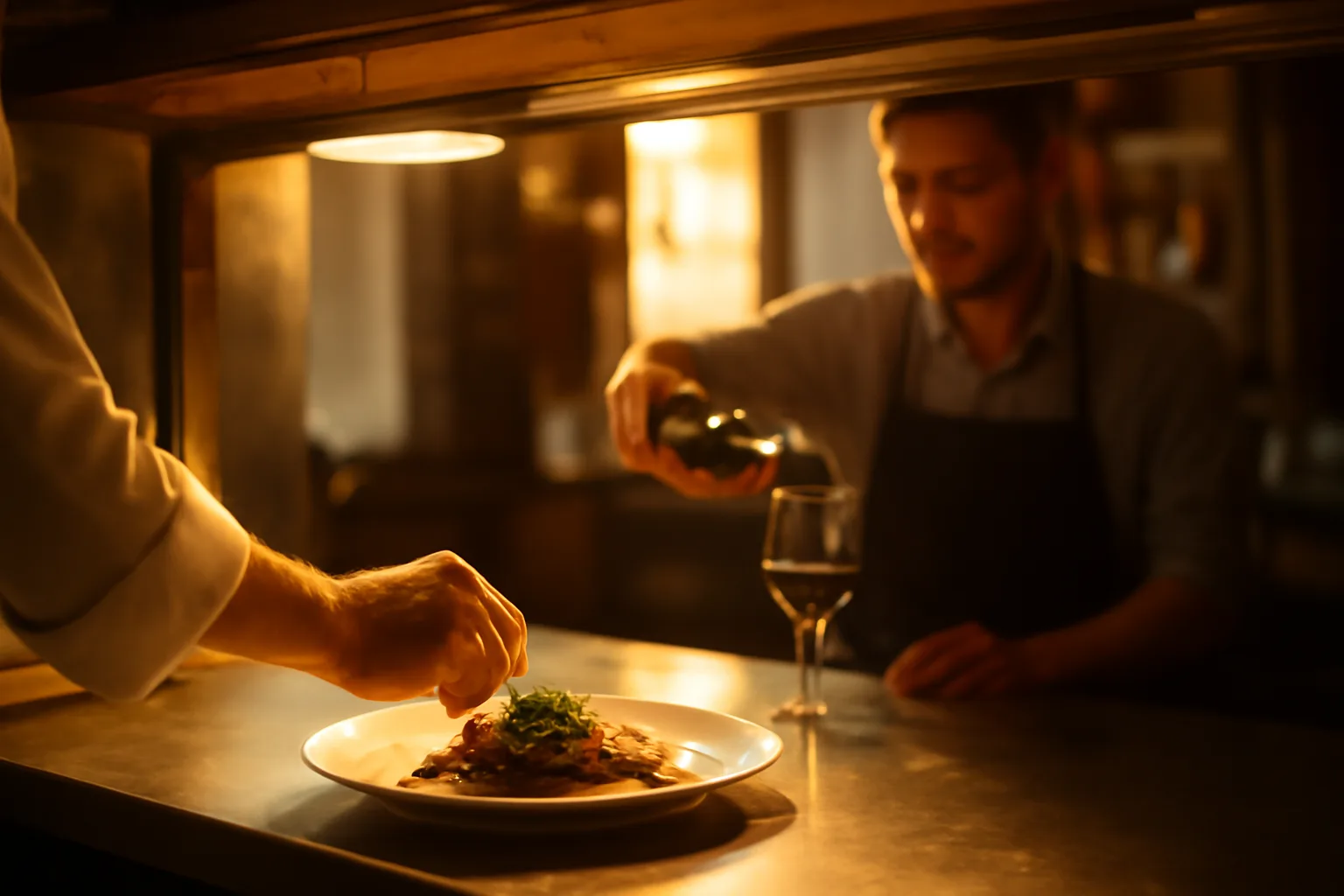 Restaurant kitchen and bar service area representing a food and alcohol license business