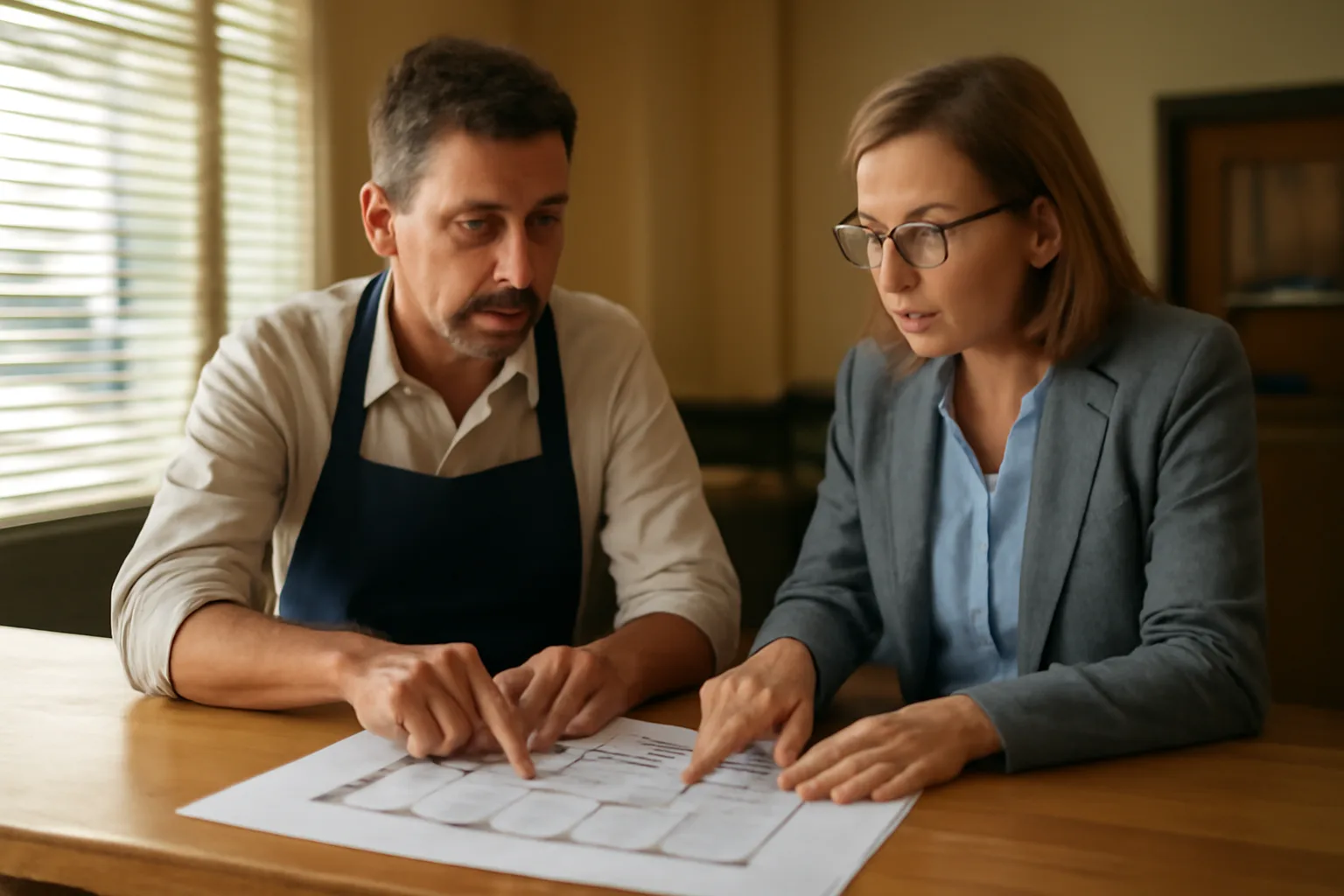 Restaurant owner discussing licensing paperwork with a local clerk at a counter