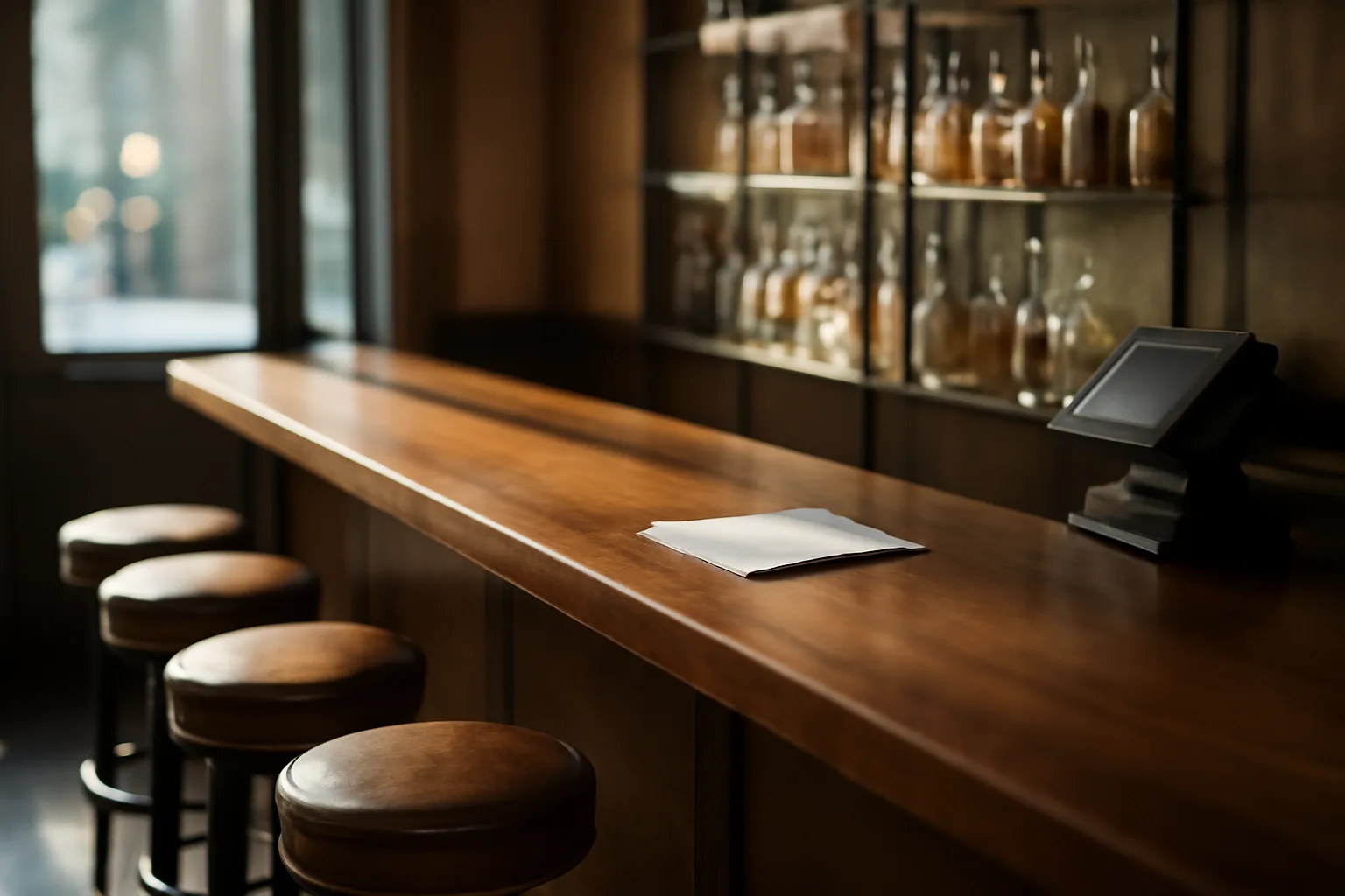 Empty restaurant bar counter with sunlit liquor shelves before a Georgia liquor license opening