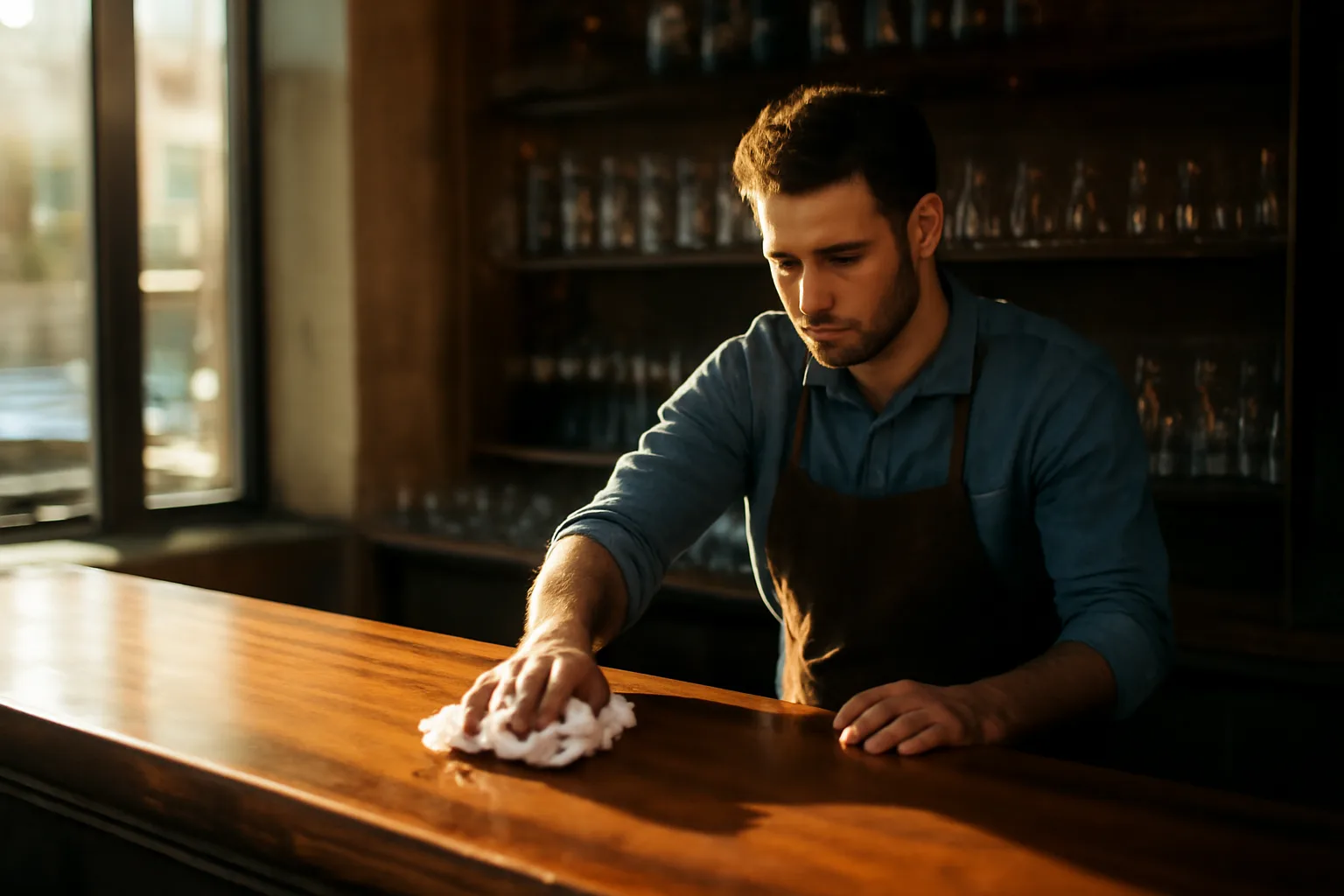 Bartender wiping down an empty bar top in warm afternoon light before opening