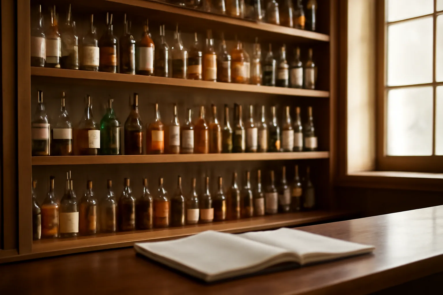Restaurant back bar shelving photographed while preparing for a Georgia liquor license opening